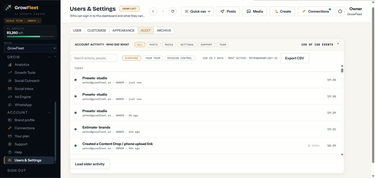 GrowFleet audit trail showing every approved action