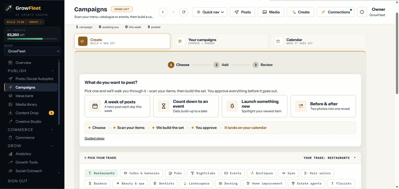 GrowFleet Campaigns built from your real menu and prices