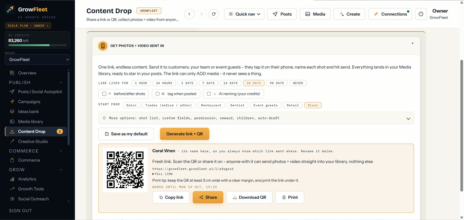 GrowFleet Content Drop link and QR code for collecting customer photos